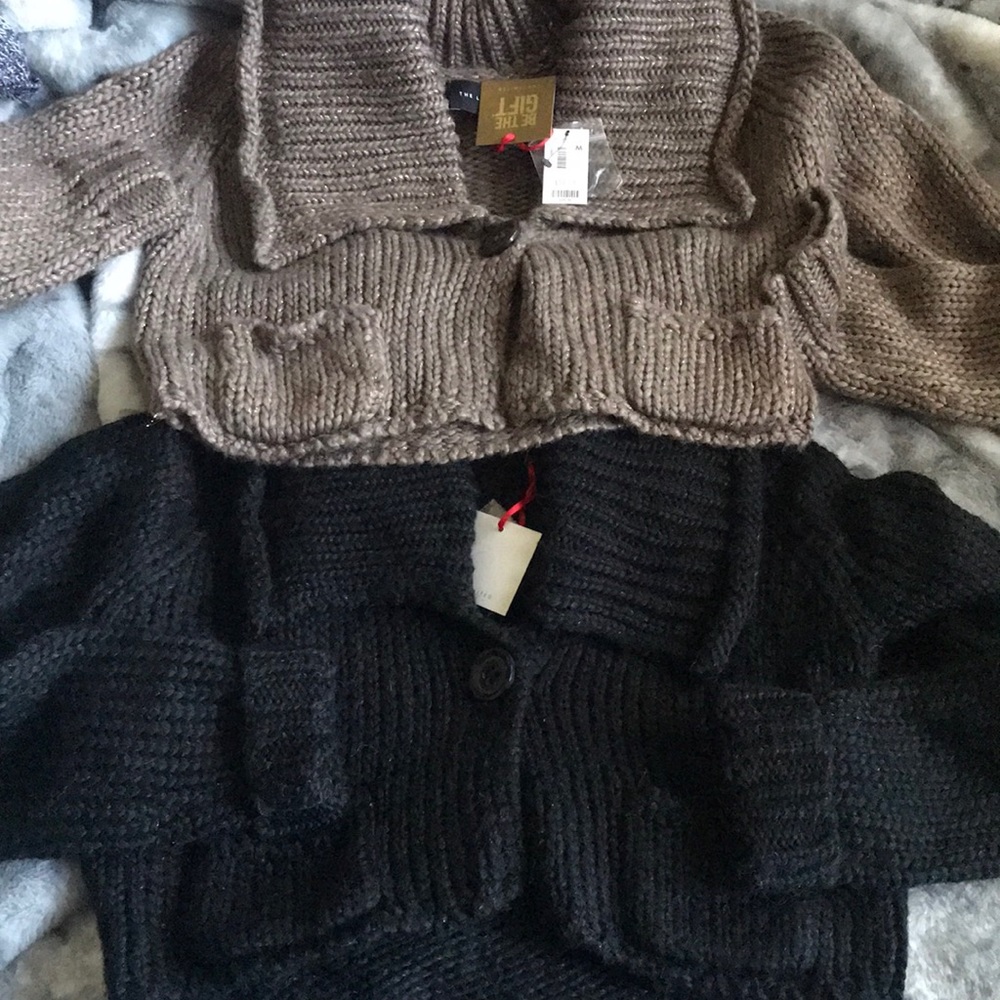 2 sweaters one black one taupe with lurex shimmer